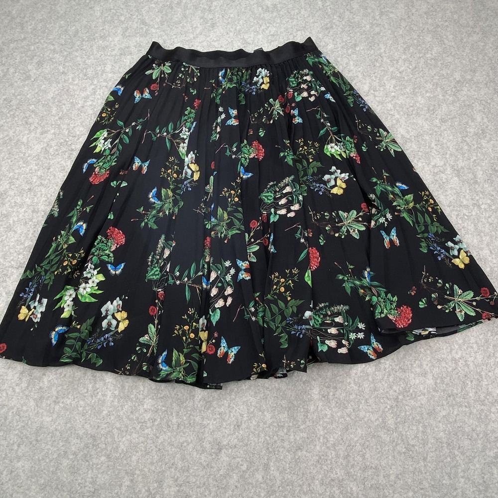 Express Skirt Womens M 28 Black Floral Pleated Chiffon Knee Length Elastic Waist
